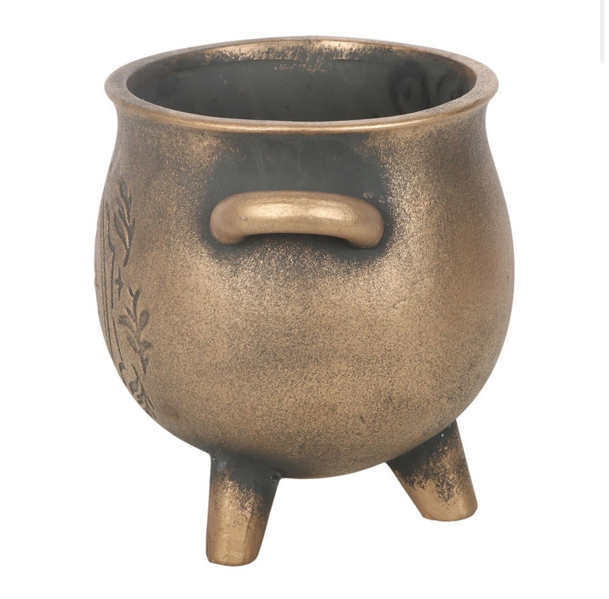 Bronze witch's cauldron with an embossed Herbal Magic crest, herbs, moons and a pentacle