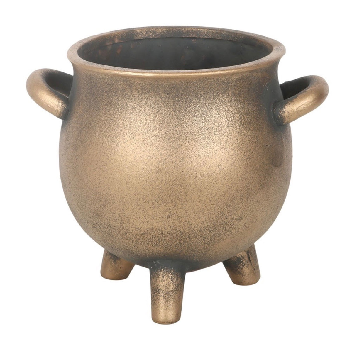 Angled view of the bronze cauldron pot showing its open top and side handle