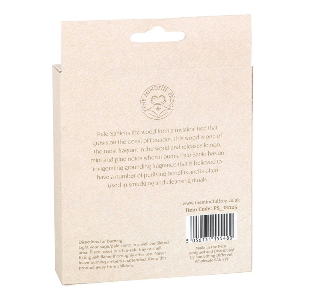 Palo Santo Cleansing and Purifying Sticks 50g box with a tree design and window showing the sticks