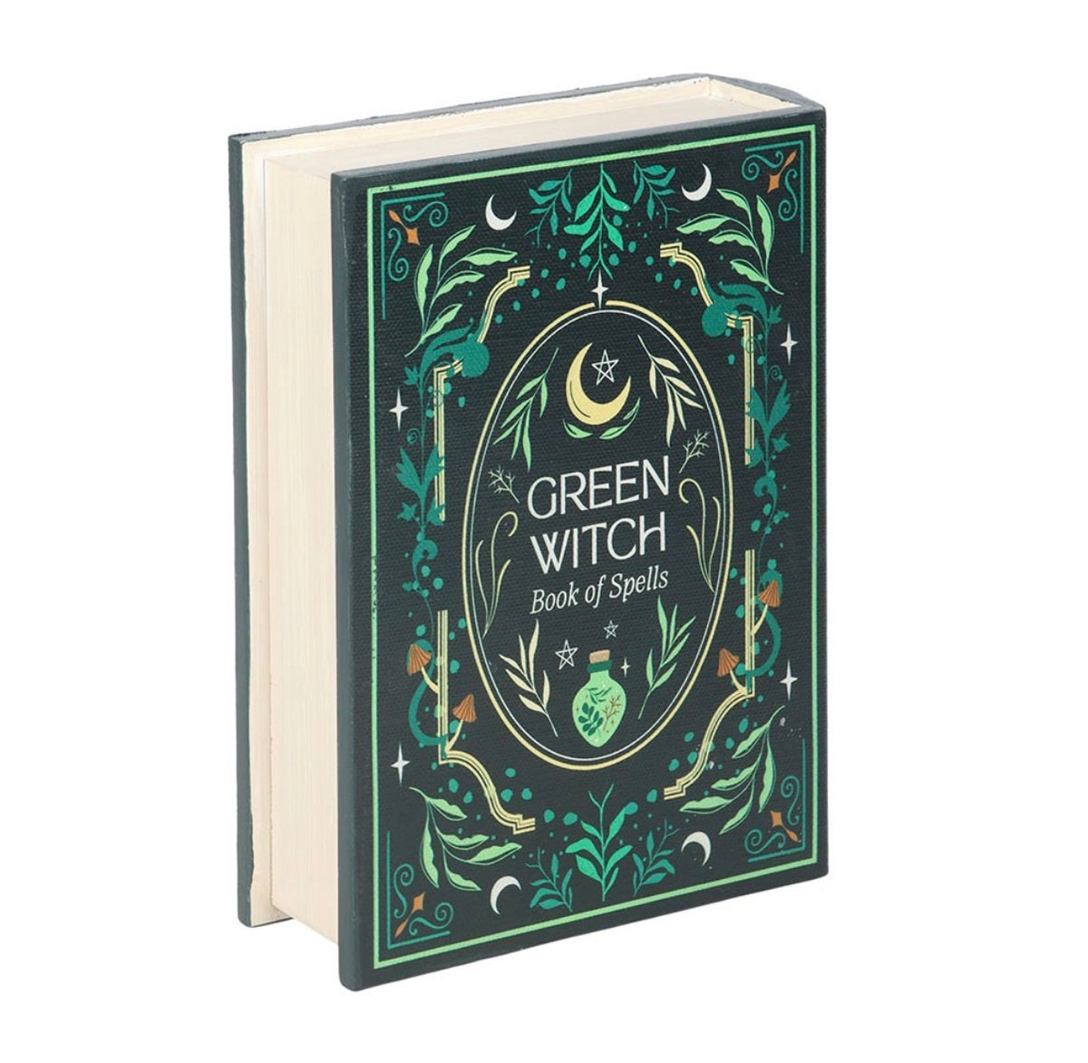 Angled view of the Book of Spells box showing the titled spine and faux page block