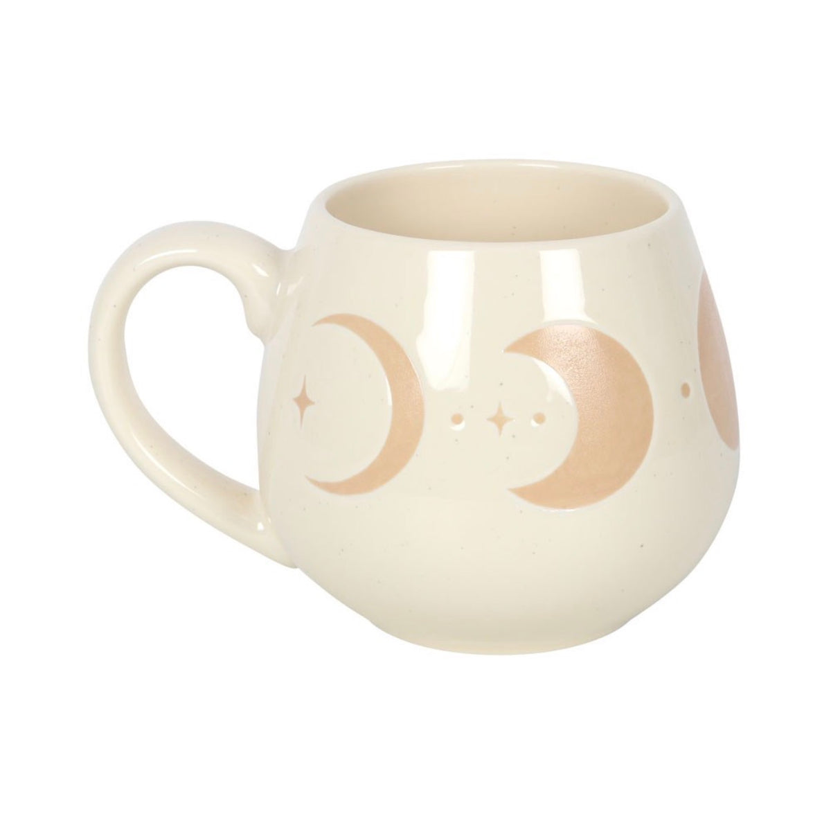 Cream moon phase ceramic mug with the handle to the left, showing the raised moon design