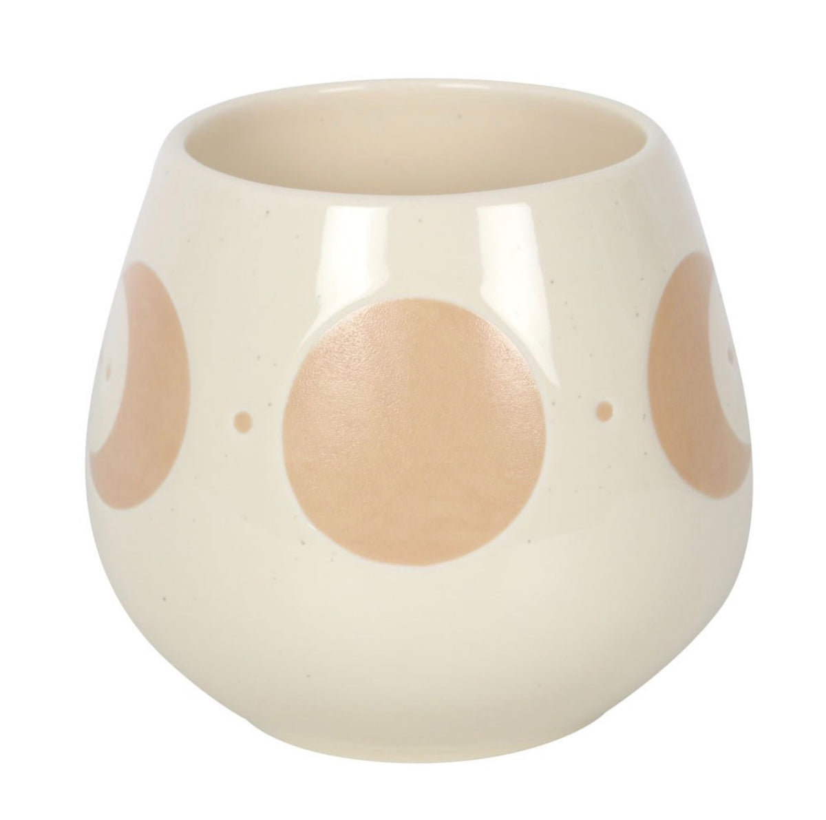 Cream moon phase ceramic mug with the handle to the right, showing crescent moons and stars