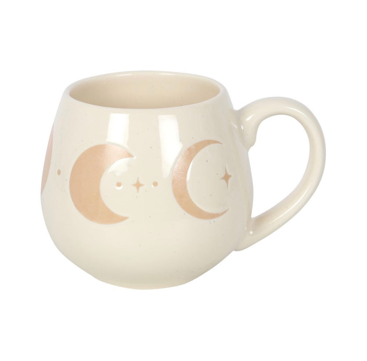 Front view of the rounded moon phase mug showing the full moon and crescents in sandy glaze