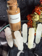 A small glass bottle with a cork stopper labeled 'Cinnamon' filled with brown powder, arranged on a glass surface beside five pale carved crystal points, with dried orange flowers in the background.