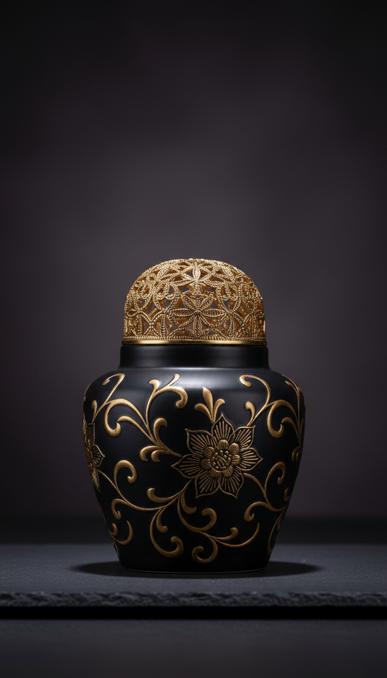 Black Ceramic Candle With Gold Filigree Lid