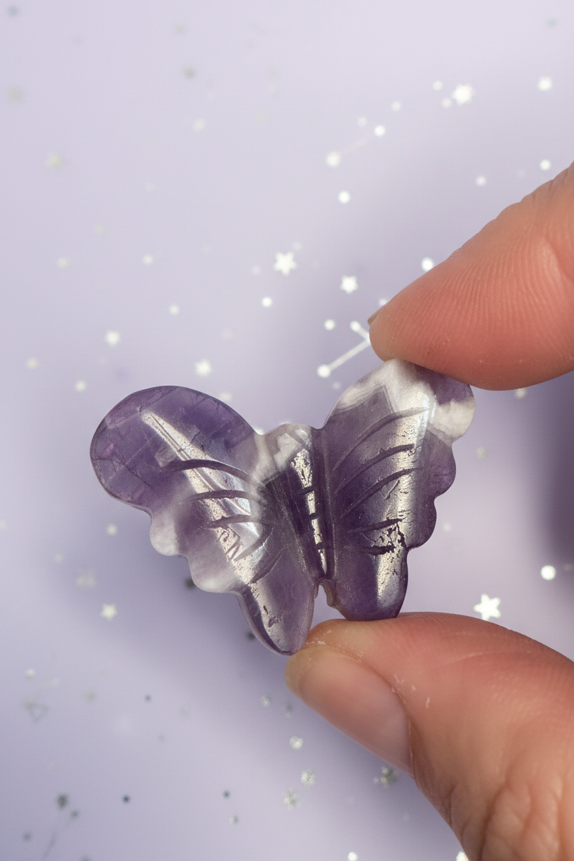 Amethyst Butterfly - hand front view, pale purple stars