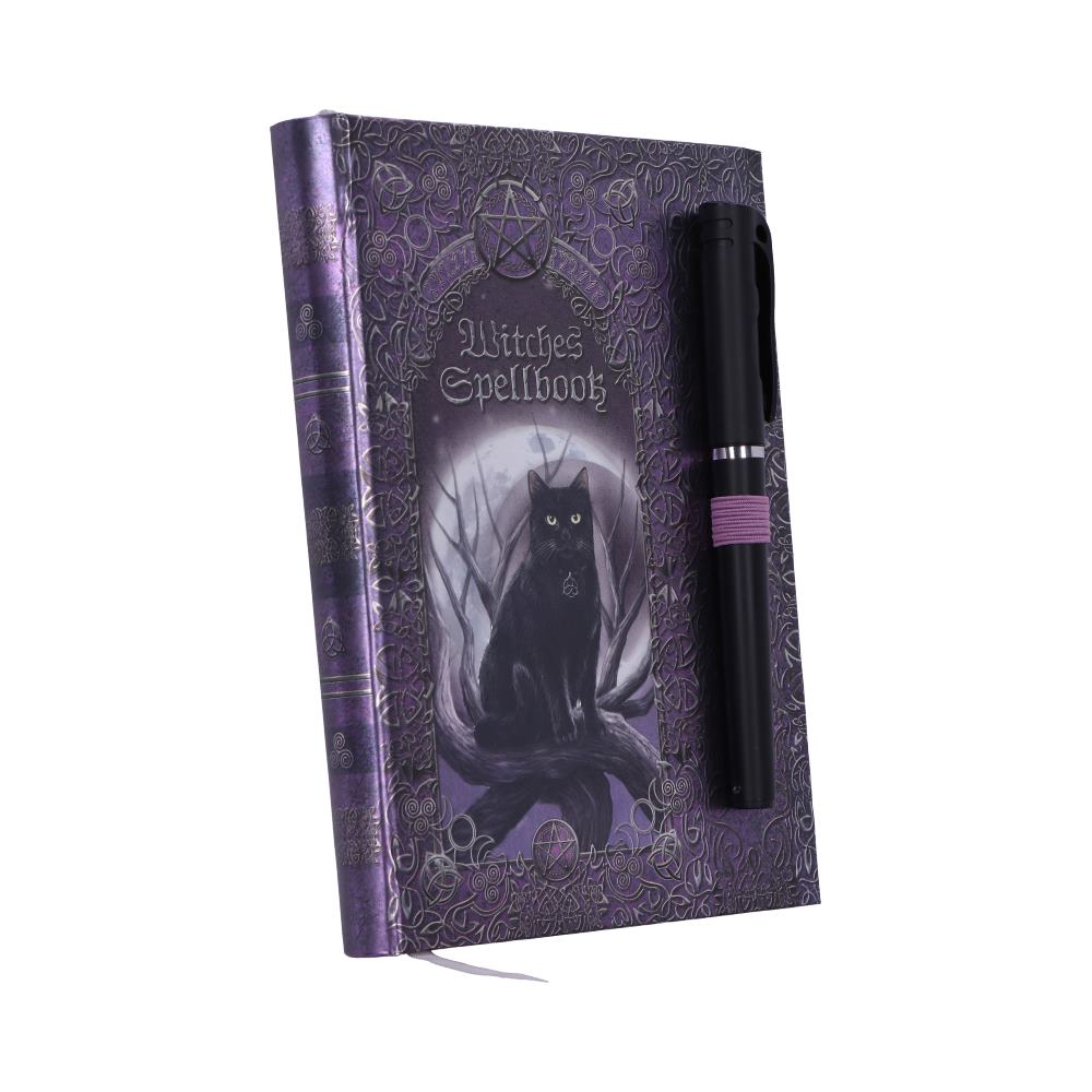 Witches Spellbook journal open showing plain pages with pen