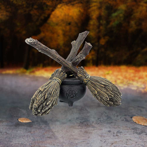 Broomstick crystal ball holder – detail of pentagram cauldron