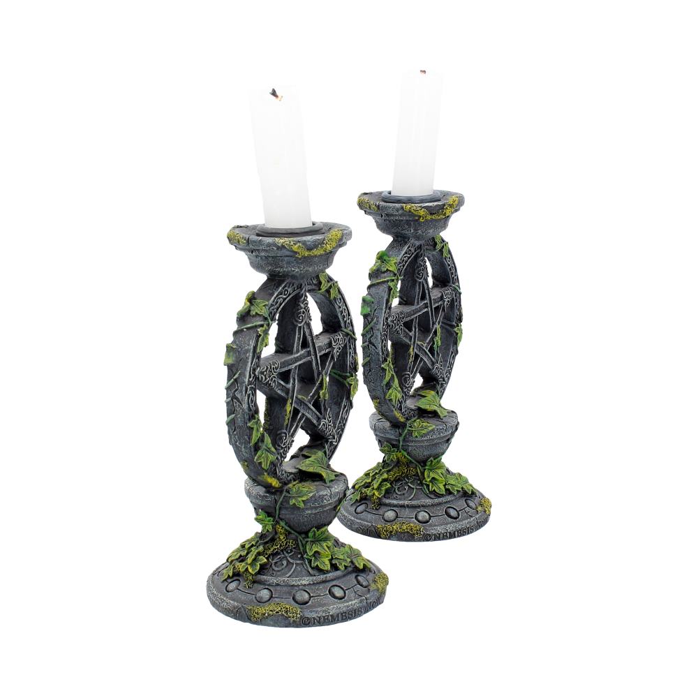 Pentagram ivy candlestick holders – front view pair
