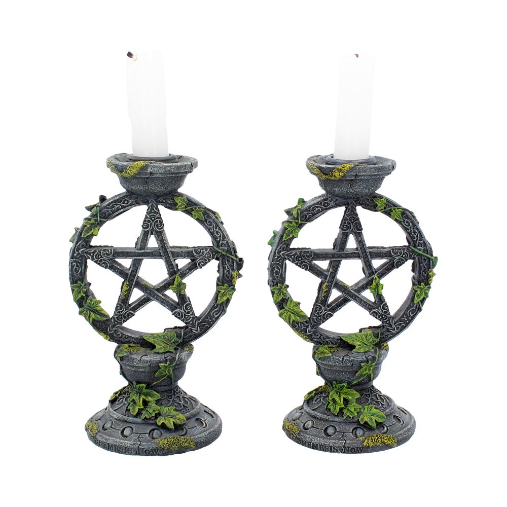 Pentagram ivy candlestick holders – side angle view