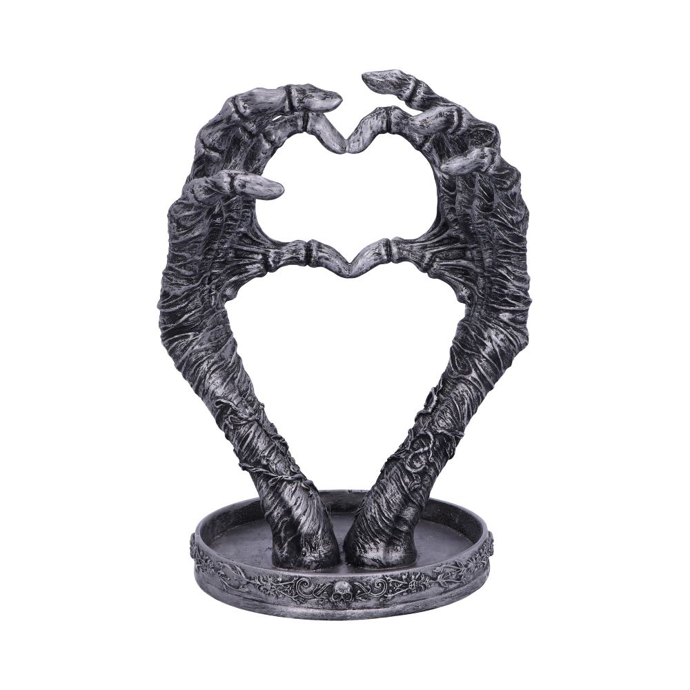 Skeleton hands heart jewellery stand - side view