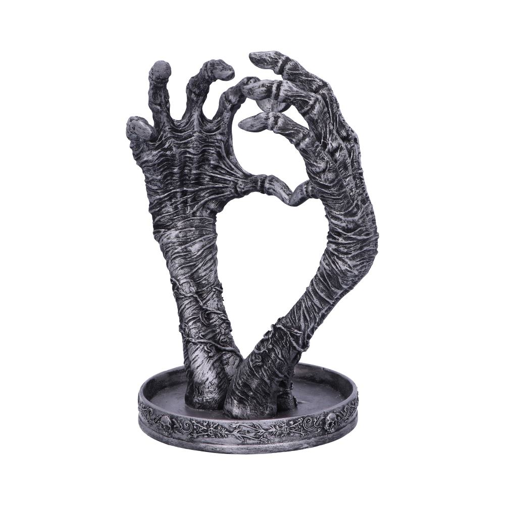 Skeleton hands heart jewellery stand - detail of hands