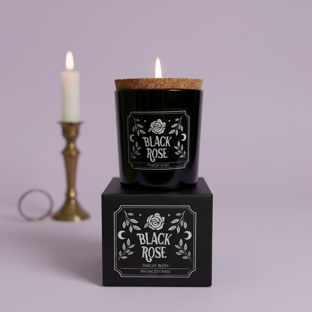 Black Rose - lit candle lifestyle, purple background