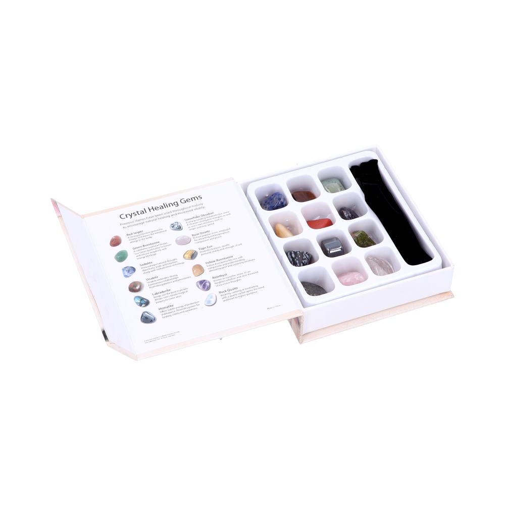 Crystal Healing Gemstone Set – open box showing 15 gemstones and velvet pouch