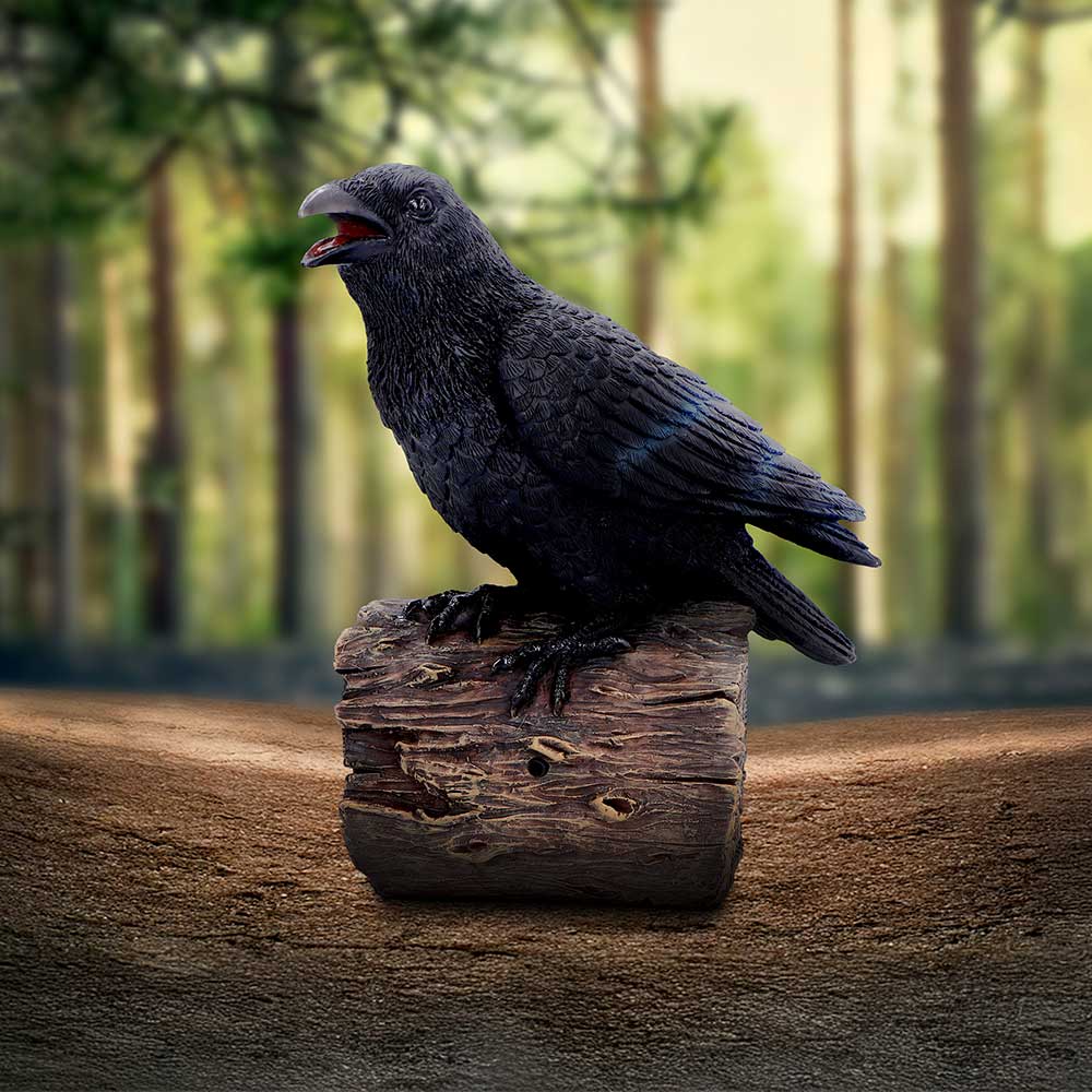 Raven Sound Box Figurine - talon and log base close up