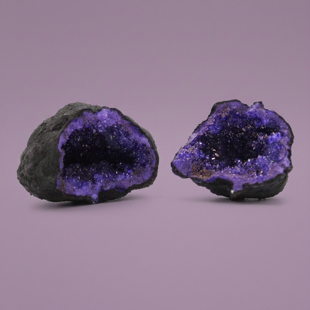 Dyed Amethyst Geode Pair - both halves, purple background
