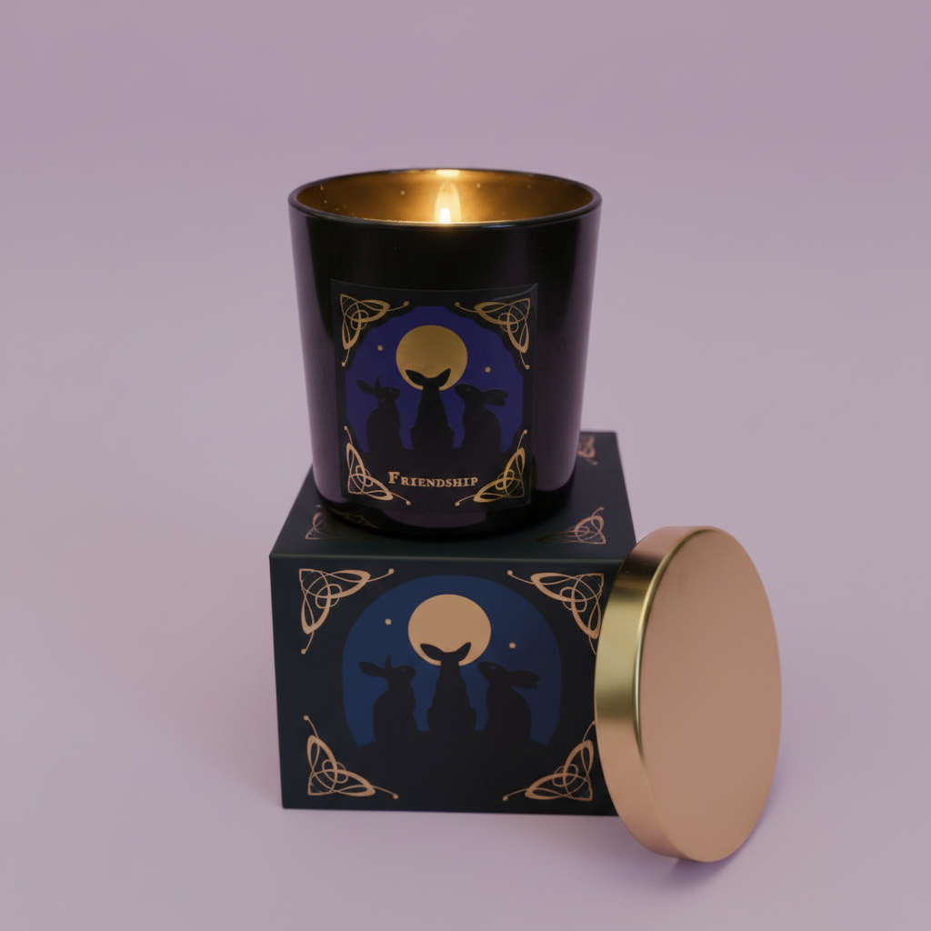 Friendship - lit candle on box, lavender background