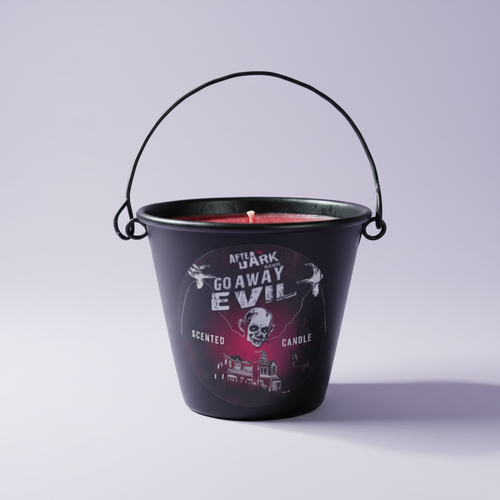 Go Away Evil candle in a bucket- lavender background