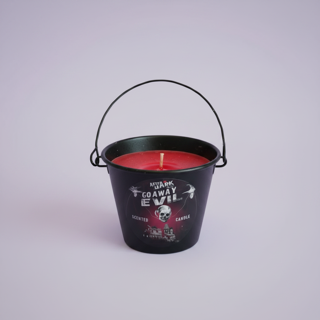 Go Away Evil - top down red wax, lavender background