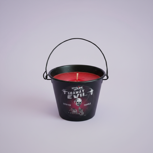 Go Away Evil - top down red wax, lavender background
