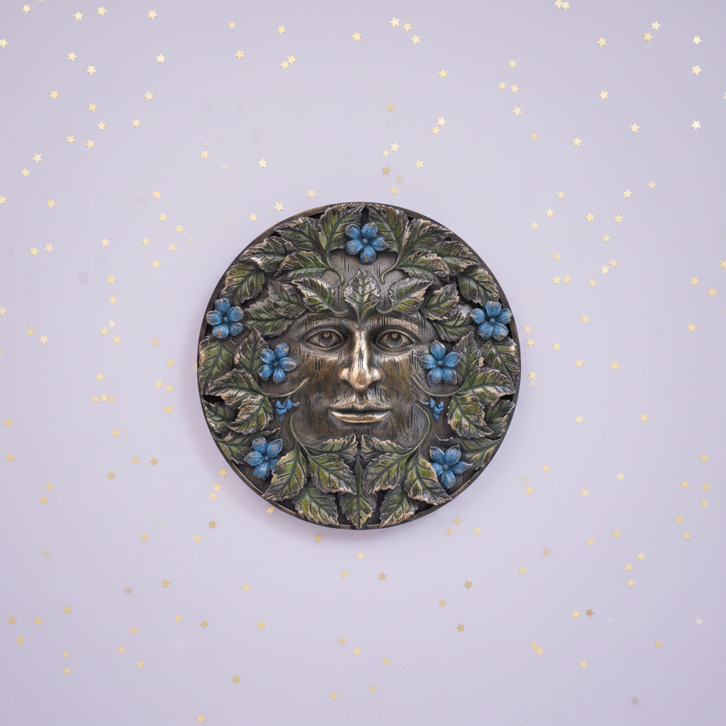 Green Man Plaque — centred, gold stars