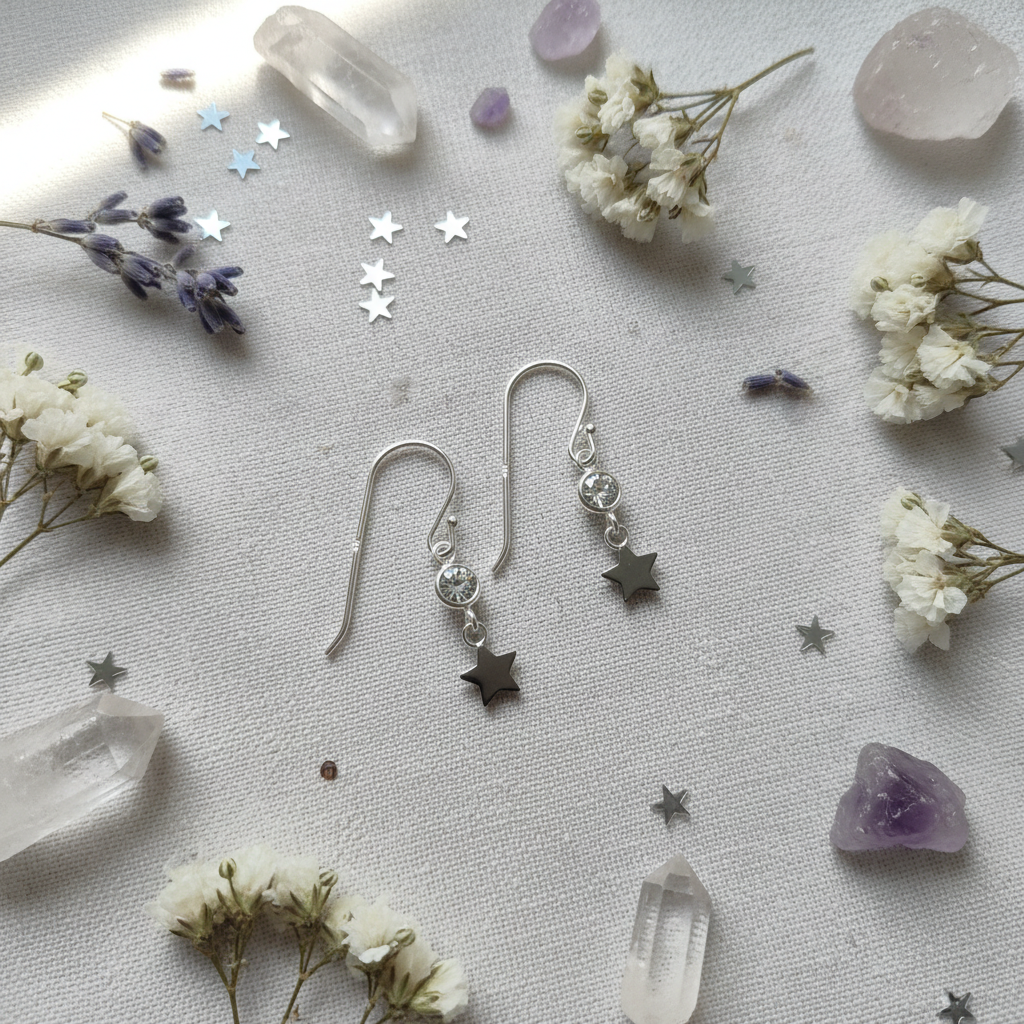 "Crystal & Star Drop Earrings Sterling Silver worn shot — single silver hook earring with round CZ crystal and polished star charm shown worn on model's ear with dried gypsophila in background"