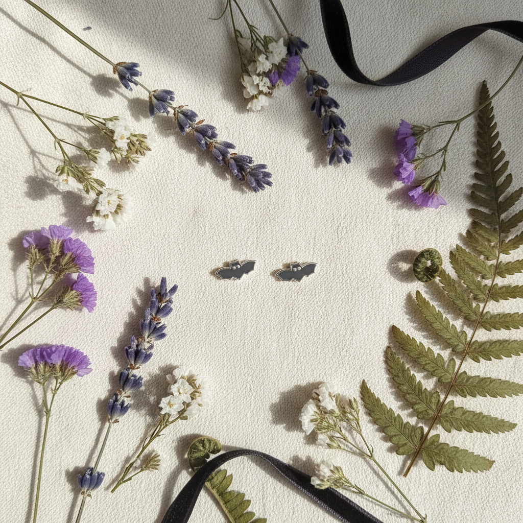 A styled flat-lay of pressed botanical elements on a textured off-white fabric background, including lavender sprigs, white and purple flowers, green fern leaves, and two small dark gray earrings. Two black ribbons are draped across the scene.