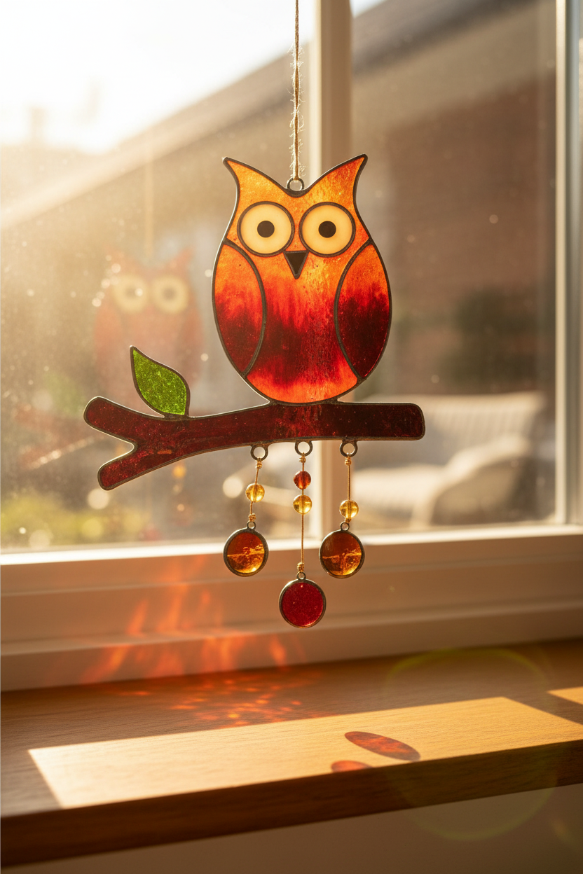 Stained glass orange owl suncatcher hanging in a sunny window with warm coloured light glowing through, lifestyle shot