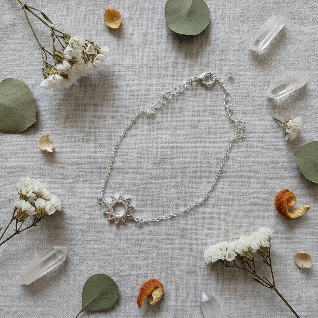 A delicate silver chain necklace with a sunburst moon charm, styled in a flat lay on a textured beige linen fabric surrounded by white flowers, green leaves, dried orange petals, and clear crystal points.