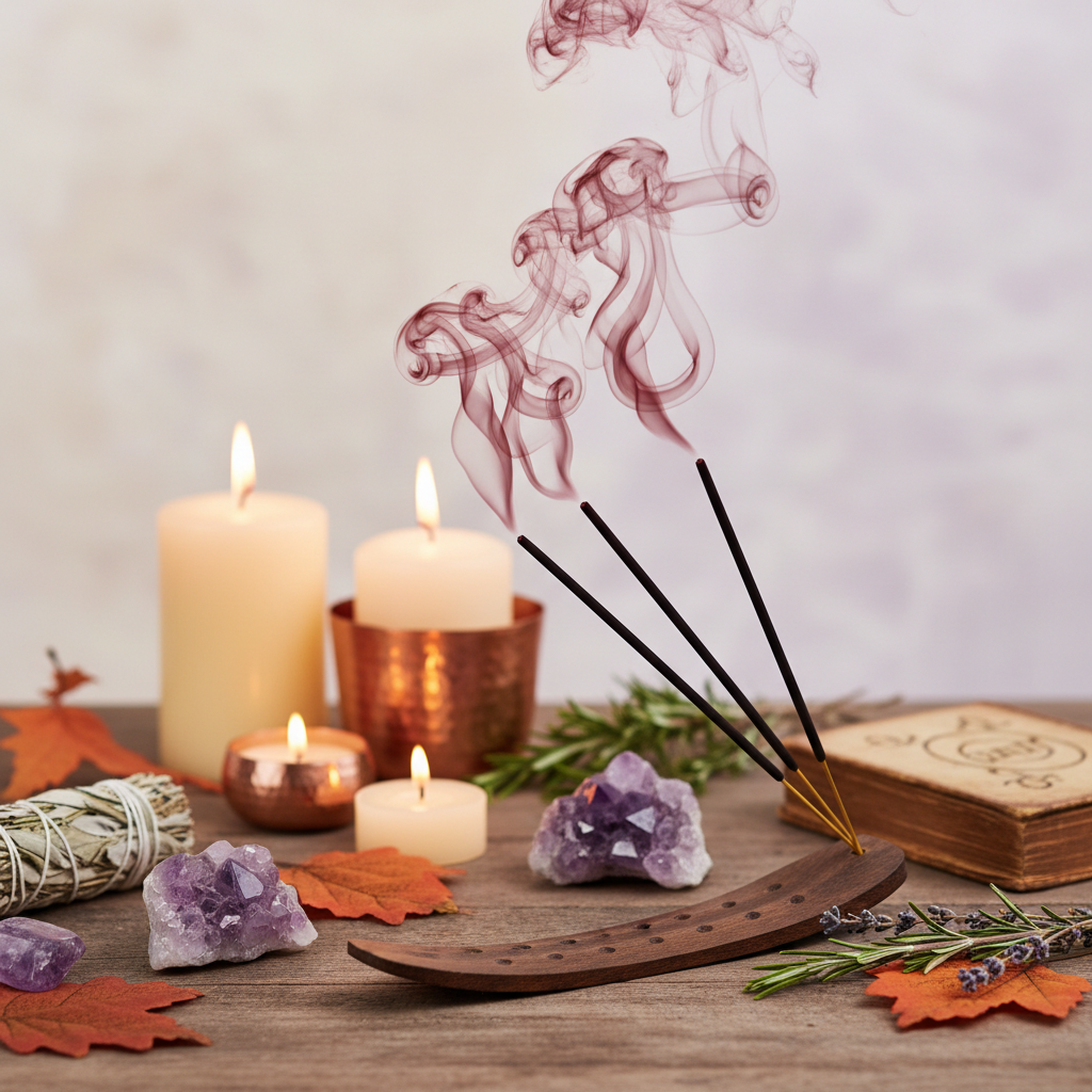 Dragon's Blood incense sticks burning with smoke curling upward, amethyst crystals and candlelight