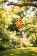 Stained glass style brown owl wind chime hanging in a sunny garden with soft blurred greenery, lifestyle shot