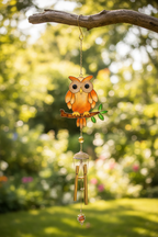 Stained glass style brown owl wind chime hanging in a sunny garden with soft blurred greenery, lifestyle shot