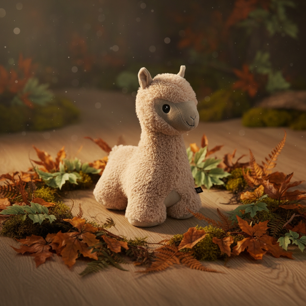 Alpaca plush doorstop styled in a cosy autumnal woodland setting with warm amber tones and ferns