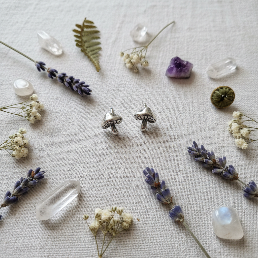 Two small silver mushroom stud earrings arranged on a textured off-white fabric, surrounded by dried lavender sprigs, white baby's breath flowers, crystals, and a green seed pod.