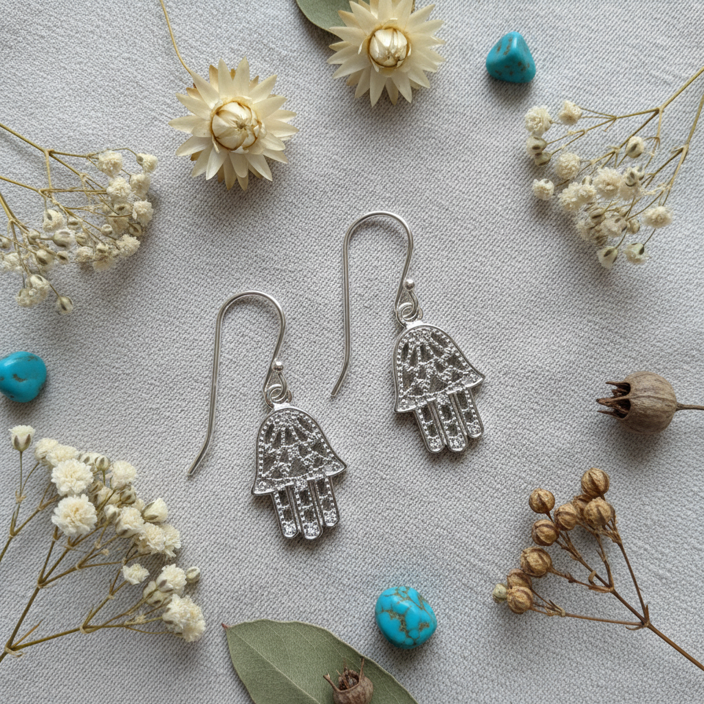 A pair of silver Hamsa hand drop earrings with intricate filigree cutouts, displayed on a textured light gray fabric background surrounded by dried flowers, green leaves, and small turquoise beads.