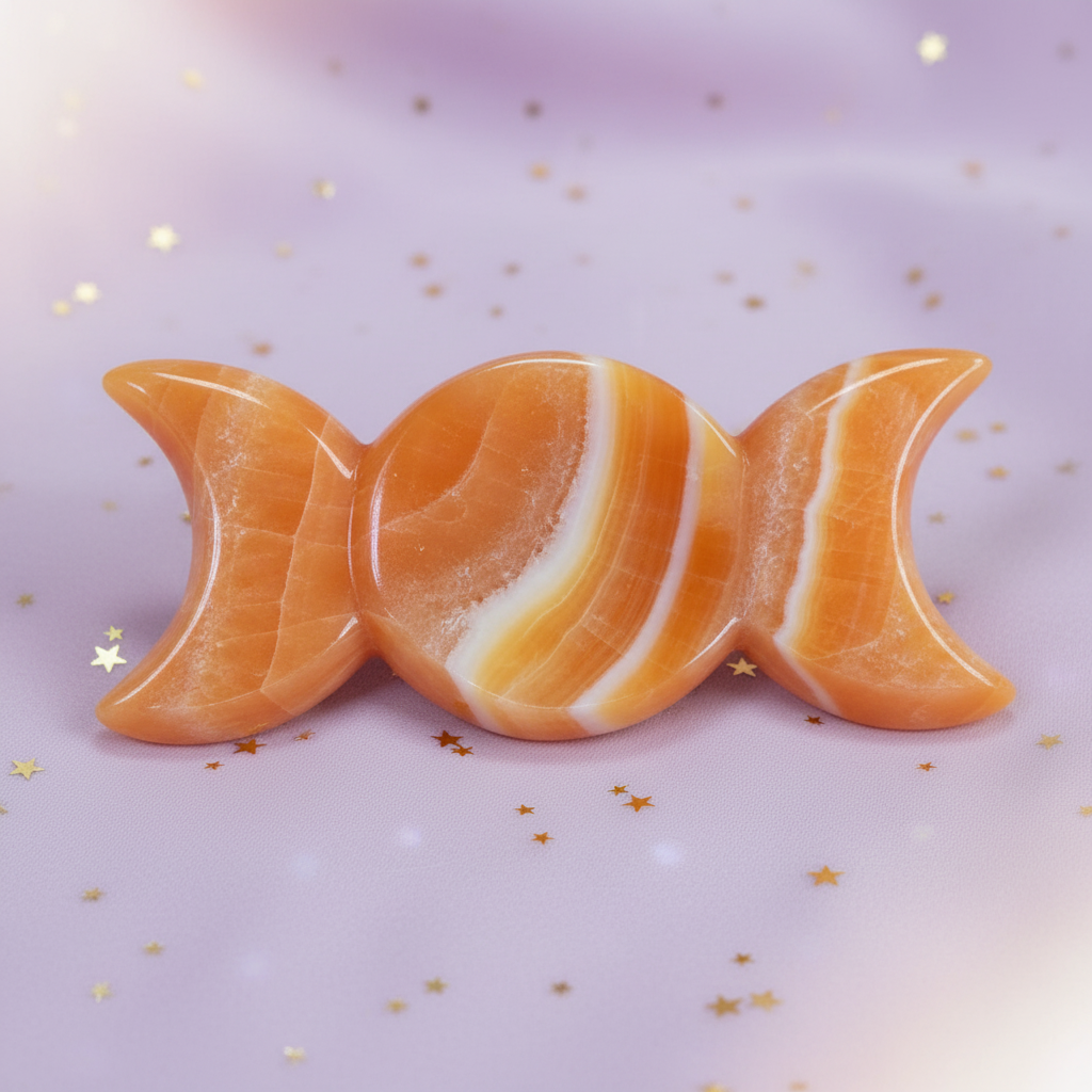 Orange Calcite Triple Moon Goddess Carving on pale purple background with gold stars