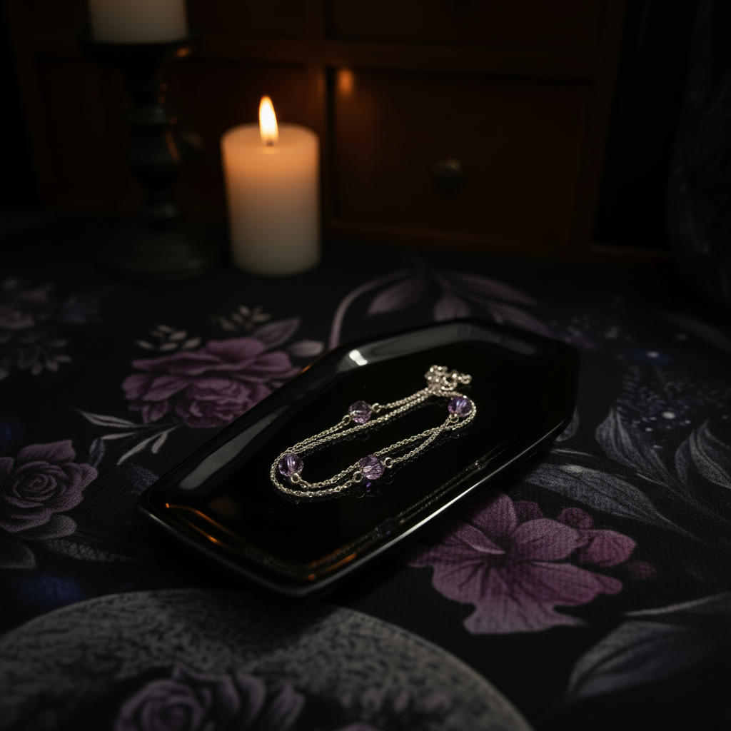 Black coffin trinket dish with purple crystal bracelet and candle