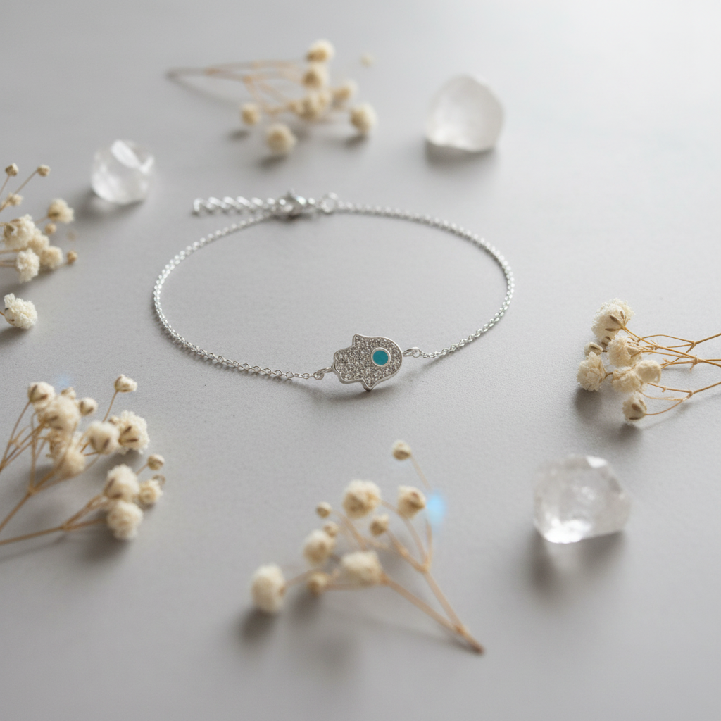 A delicate silver chain bracelet with a Hamsa hand charm featuring a small turquoise stone, styled on a light gray surface with dried baby's breath flowers and clear crystals.