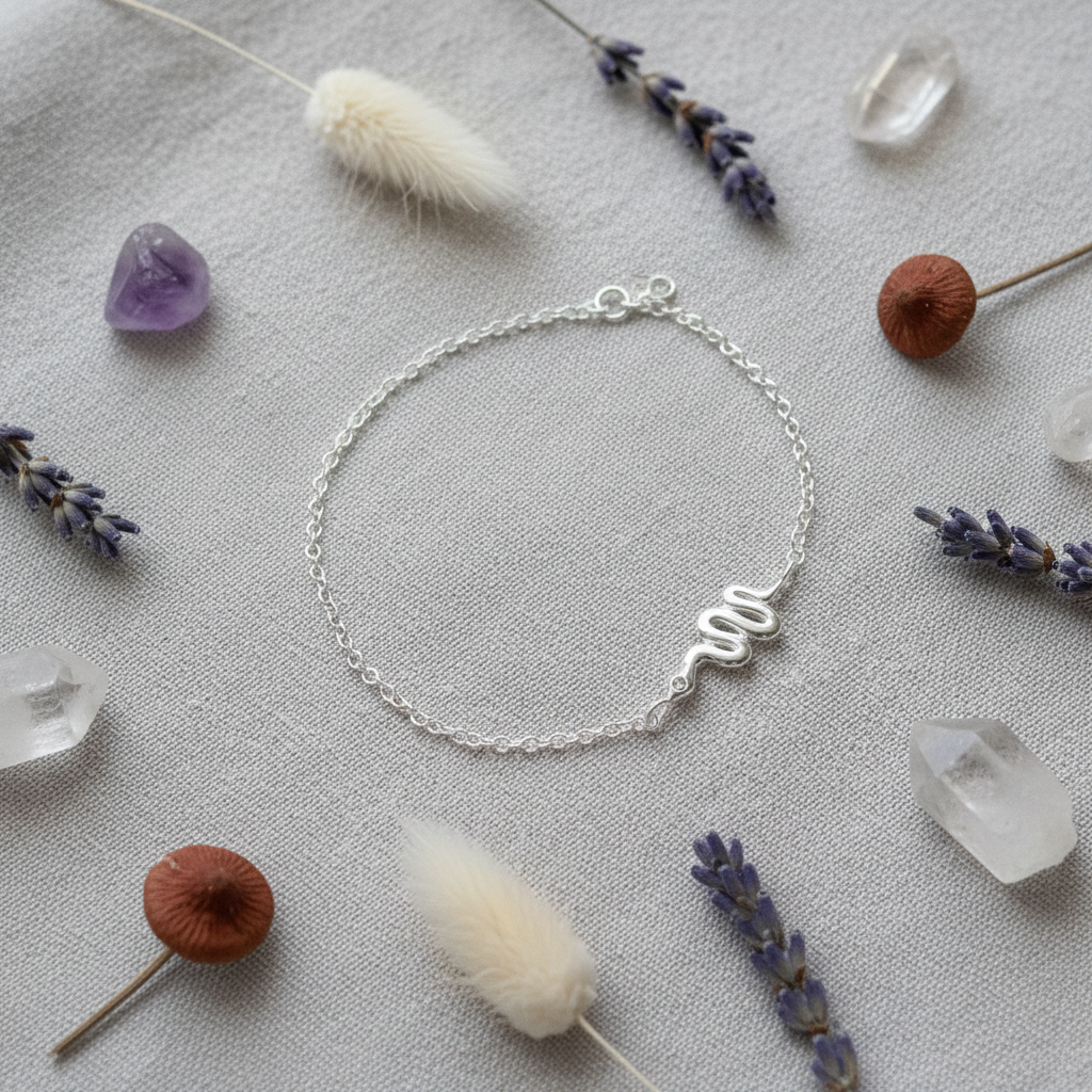 A delicate silver chain bracelet with a small wavy silver charm, displayed in a flat-lay arrangement on a textured light gray fabric surrounded by dried lavender, crystals, and fluffy white grass.