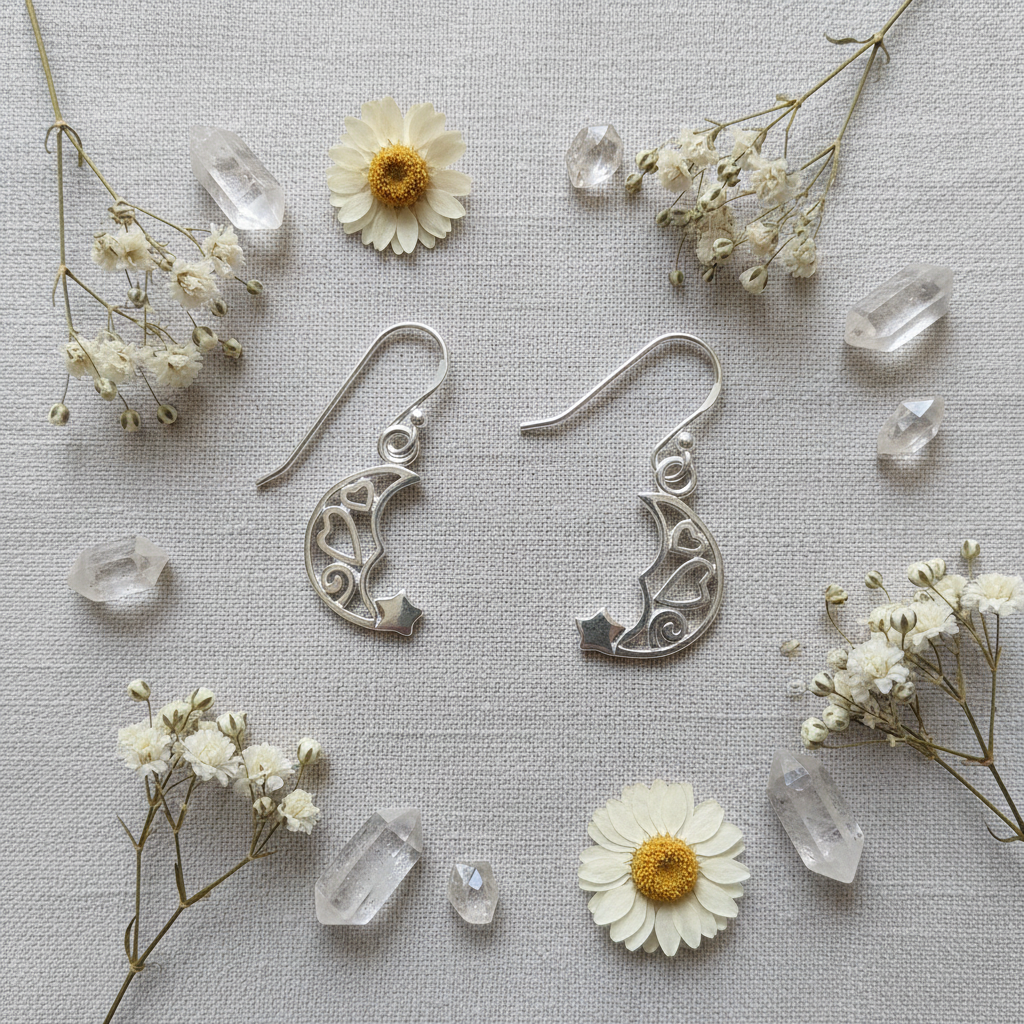 A pair of silver crescent moon drop earrings with intricate filigree cutouts, displayed on a textured light gray fabric background and surrounded by dried white flowers and clear crystal points.