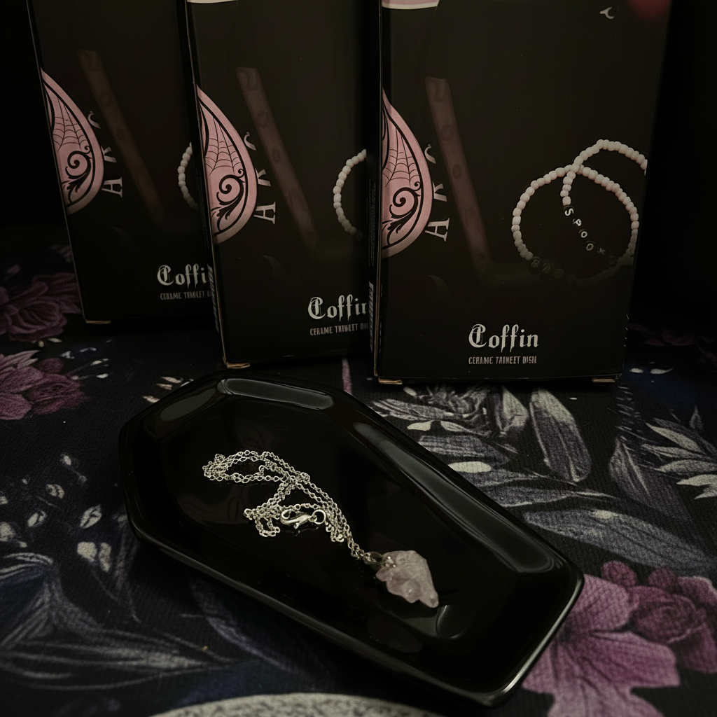 Black coffin trinket dish with crystal necklace and gift boxes