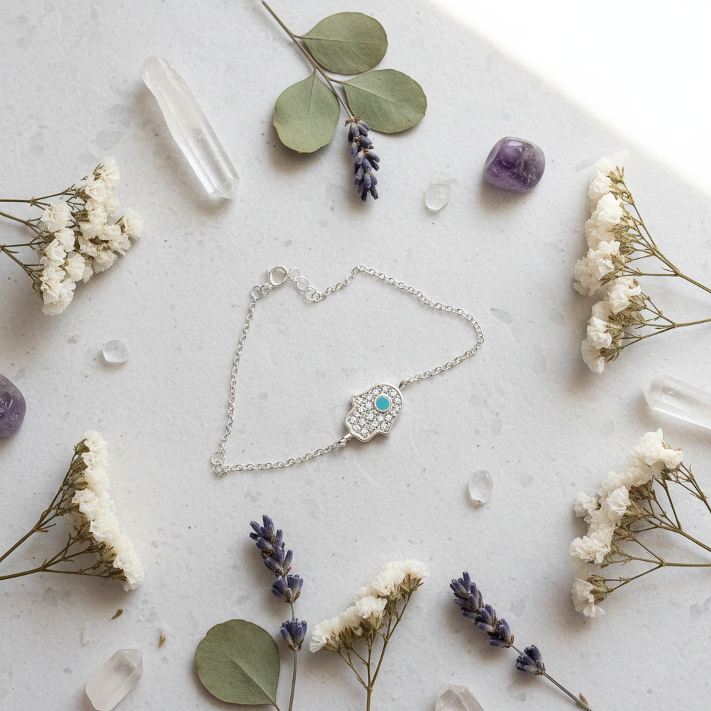 A delicate silver chain bracelet with a heart-shaped crystal pendant featuring a central turquoise stone, styled in a flat lay with white flowers, lavender sprigs, green leaves, and clear crystals on a light gray surface.