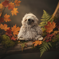 Grey plush sloth doorstop styled in a cosy autumnal woodland setting with warm amber tones and ferns