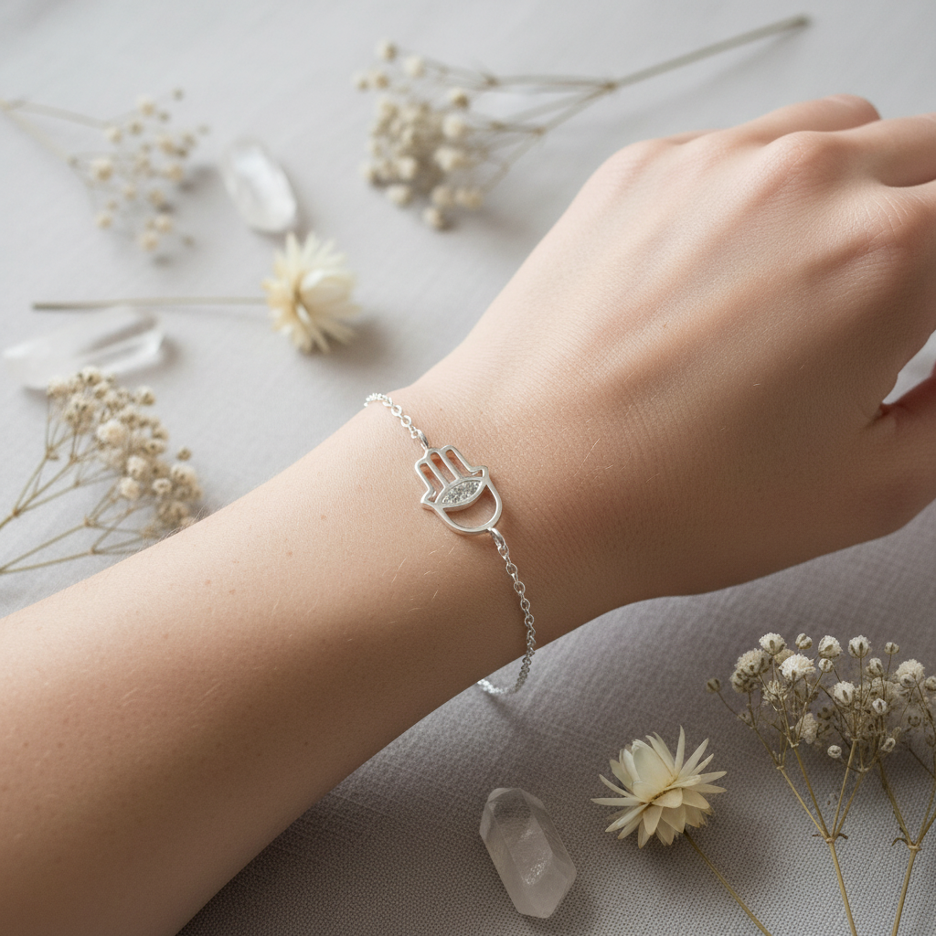 Sterling silver open hamsa evil eye bracelet worn on a wrist styled with dried flowers and clear crystals in the background