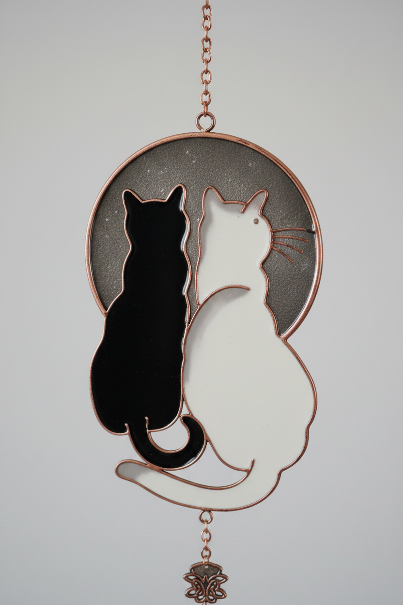 Close up detail of yin yang black and white cat topper on wind chime