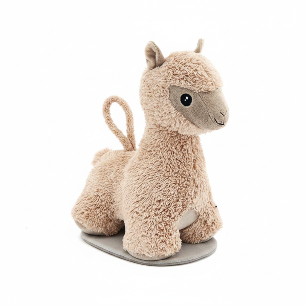 Sandy beige alpaca plush doorstop on a clean white background, professional product photography