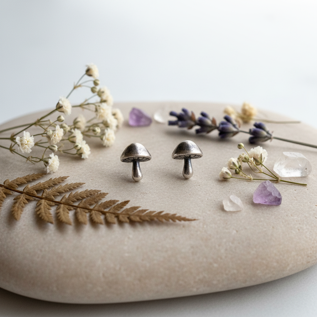 A pair of small mushroom-shaped stud earrings in a silver-toned metal, displayed on a round beige stone with dried flowers and crystals.