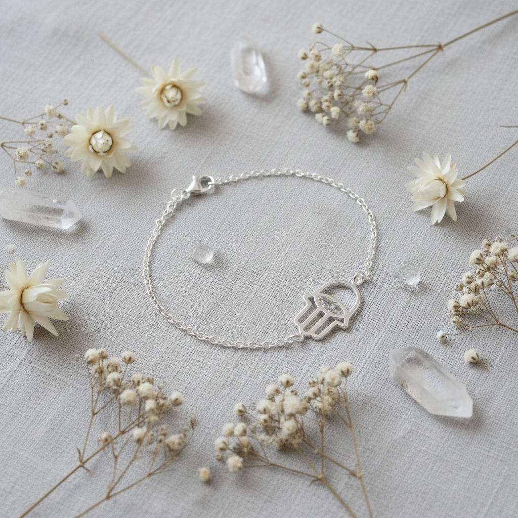 A delicate silver chain bracelet with a Hamsa hand pendant, styled in a flat-lay arrangement on a textured light gray linen fabric, surrounded by dried white flowers and clear crystal points.