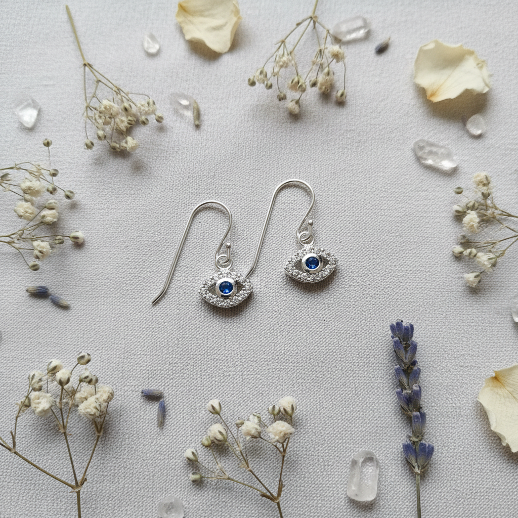A pair of silver dangle earrings with evil eye charms, styled in a flat lay on a textured light gray fabric with dried baby's breath, lavender, petals, and clear crystals.