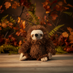 Fluffy brown sloth plush doorstop styled in a cosy autumnal woodland setting with warm amber tones and ferns